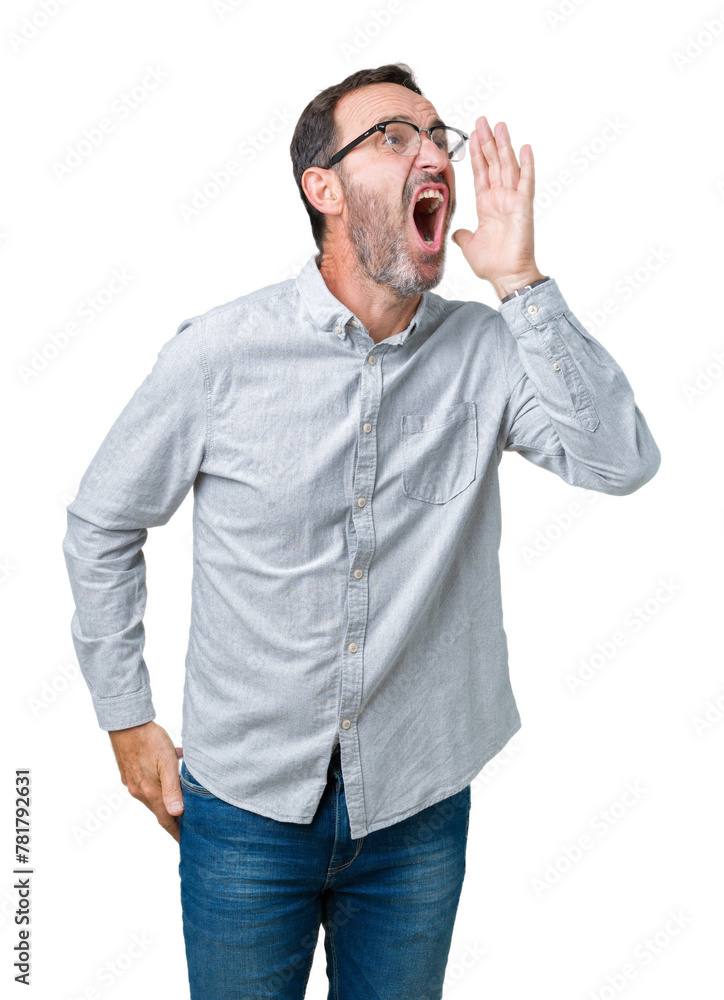 Poster Handsome middle age elegant senior man wearing glasses over isolated background shouting and screaming loud to side with hand on mouth. Communication concept.