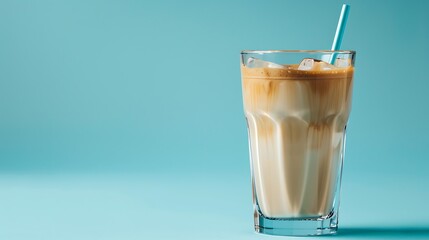 Faceted glass with coffee latte and a straw on a blue background