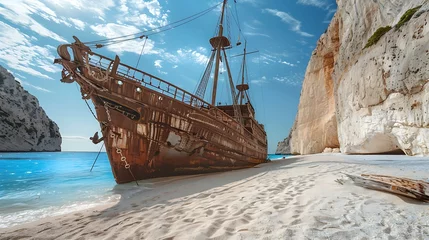Fotobehang Navagio Beach, Zakynthos, Griekenland Famous Navagio beach Smugglers Cove with abandoned smuggler ship island