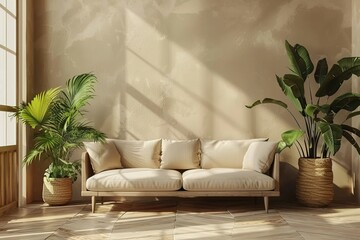 A minimalist living-room with an empty wall for mockups, a cozy sofa and plants in modern pots