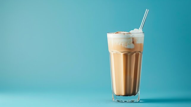 Faceted glass with coffee latte and a straw on a blue background
