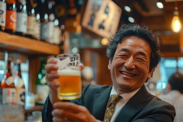 生ビールを飲む笑顔の男性