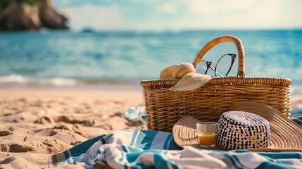 glasses picnic basket and blanket perfect for a afternoon at the beach