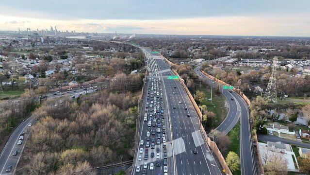 Aerial Footage of Backed Up Highway Traffic Outside Philadelphia
