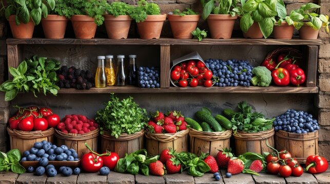 A wooden shelf with a variety of fresh fruits and vegetables on it. - Powered by Adobe