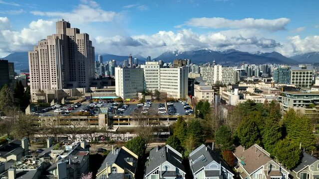 Vancouver General Hospital In Fairview Neighbourhood In Canada. False Creek And Downtown Vancouver Revealed In Background. ascending drone