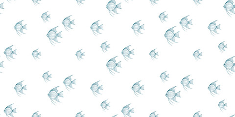 Vector sketches of a linear pattern with coral turquoise fish