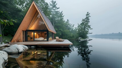 Lake side wooden triangle house
