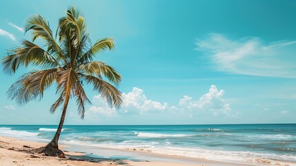 Landscape of coconut palm tree on tropical beach in summer beach sign for surfing and swim
