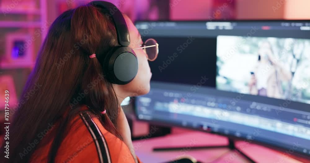 Aufkleber computer, woman and video editor with headphones for digital editing, production and creative projec