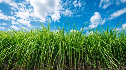 Obraz premium A field of vibrant green sugarcane ready for harvest creating a stunning contrast against the bright blue sky above. .
