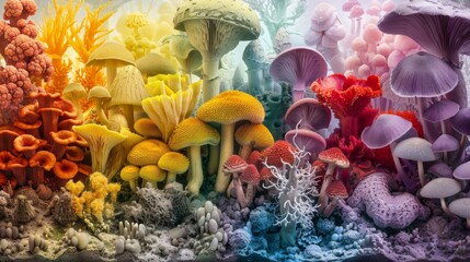 A colorful depiction of various types of fungi and their corresponding mycelium networks showcasing the diversity and complexity of