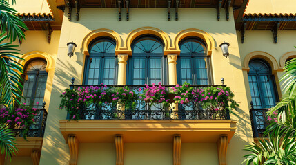Fototapeta na wymiar Historic City Street Lined with Flower-Adorned Windows, a Colorful Display of Urban Life and Architectural Heritage