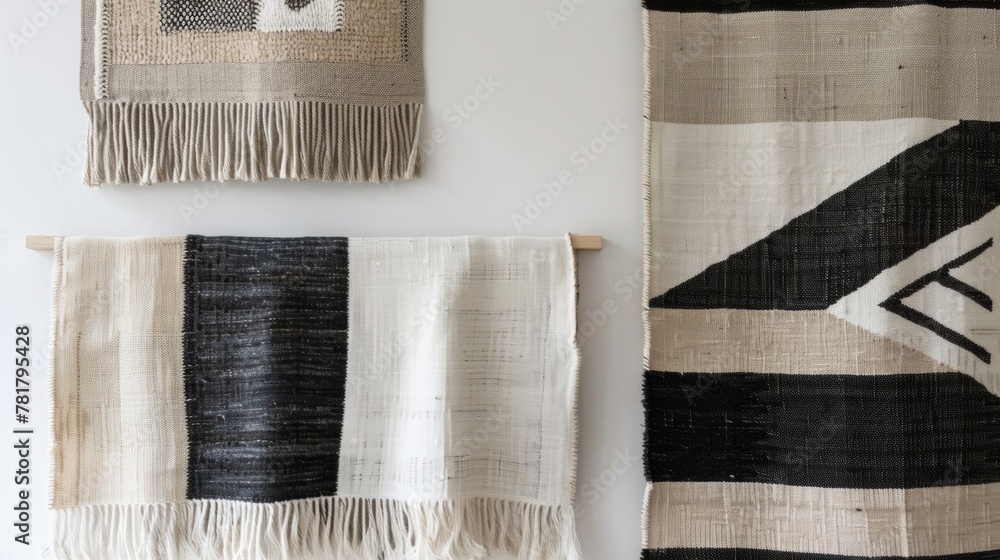 Poster in the second image a trio of smaller woven wall hangings are displayed in a staggered formation. ea