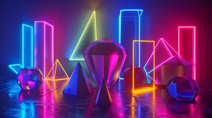 neon background with geometric shapes luminous glass objects with multi colored lighting