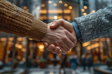 Business deal - handshaking on background of business hall. Hands close-up. Two hands reaching out, bridging the gap between businesses. - obrazy, fototapety, plakaty