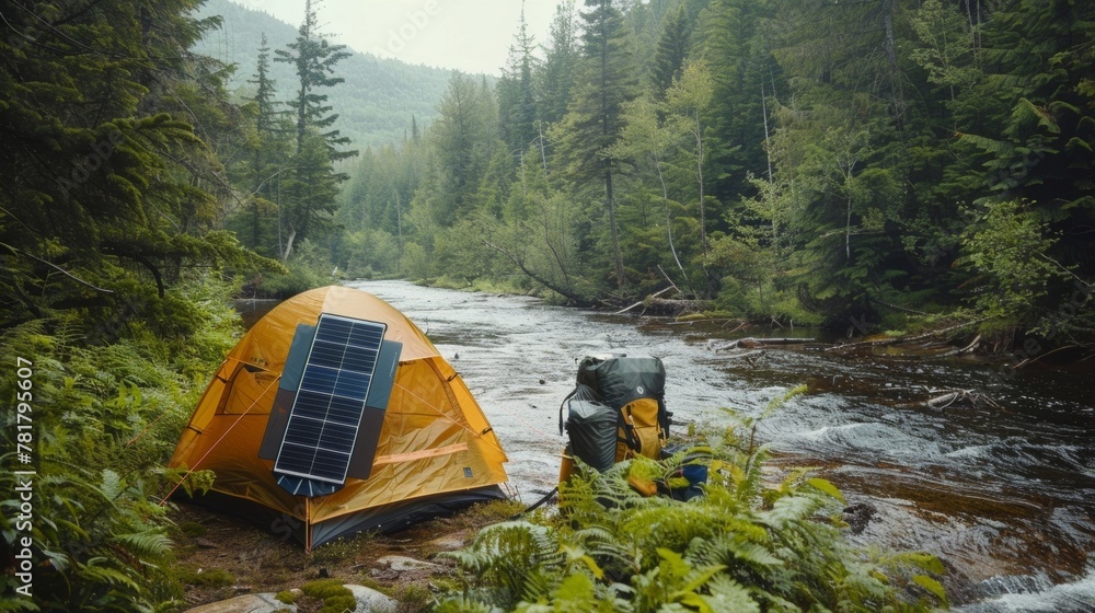 Poster a winding river ting through a dense forest with a small tent set up next to it. inside the tent a p