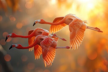 Flock of flamingos taking flight. The sky is alive with the vibrant hues of flamingos in flight, a...