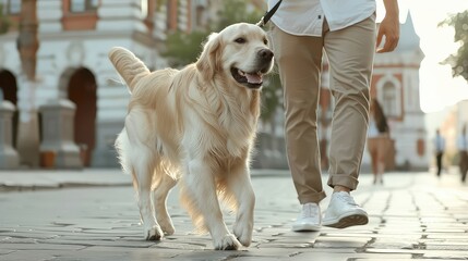 A dog walks with its owner. The love and devotion of a best friend. Pure happiness captured in this heartwarming walk.