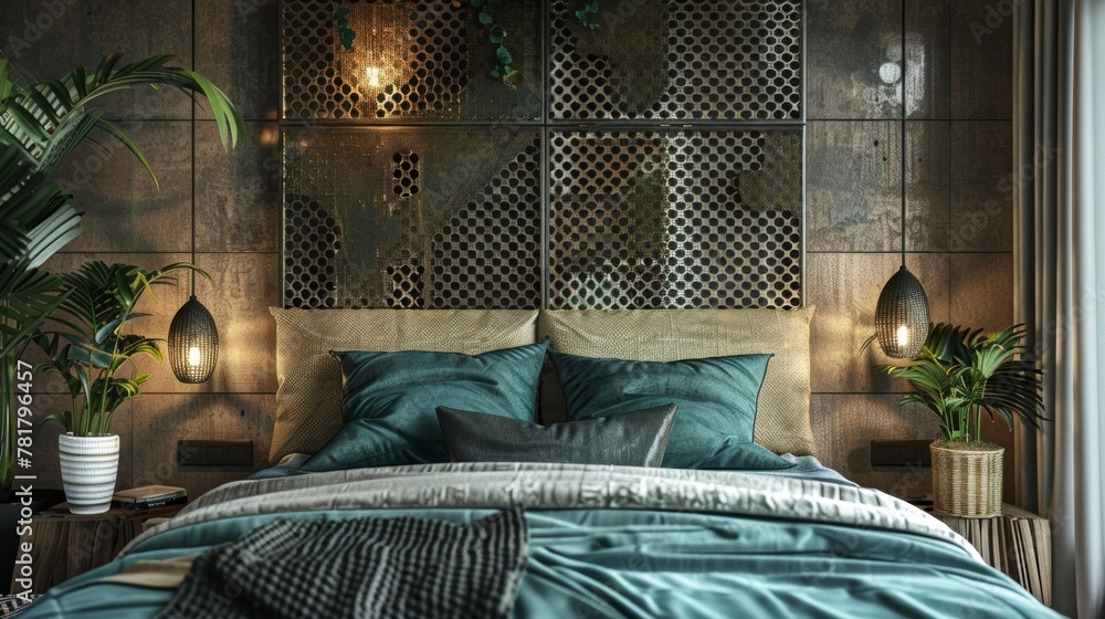 Poster The bedrooms headboard is made from a large metal grating panel creating a striking focal point while adding a sense of weight and texture to the otherwise serene and airy room. .