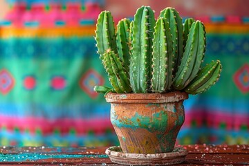 Close-up of a cactus with water droplets and a colorful Mexican serape draped in the background