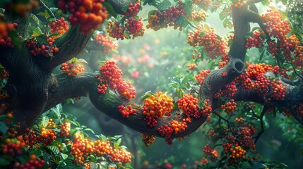 Fototapeta na wymiar A lush and towering tree bursting with ripe fruits and colorful blossoms, symbolizing wisdom and enlightenment ,close-up,ultra HD,digital photography