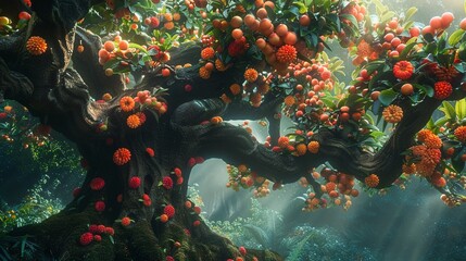 A lush and towering tree bursting with ripe fruits and colorful blossoms, symbolizing wisdom and enlightenment  ,close-up,ultra HD,digital photography - obrazy, fototapety, plakaty