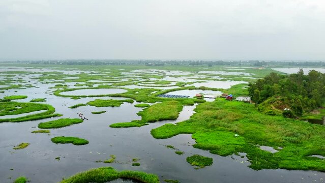 Aerial view loktak lake is the largest freshwater lake and thanga village in India as well as the largest lake in manipur north east India.