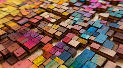 Group of old wood colorful wooden blocks, roughly stacked. Wide format. Hand edited AI.