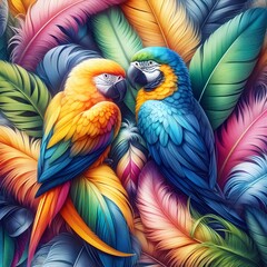 Obraz premium Colorful parrot feathers. Generative ai