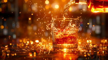 Whiskey Pouring into Glass with Bokeh Background.