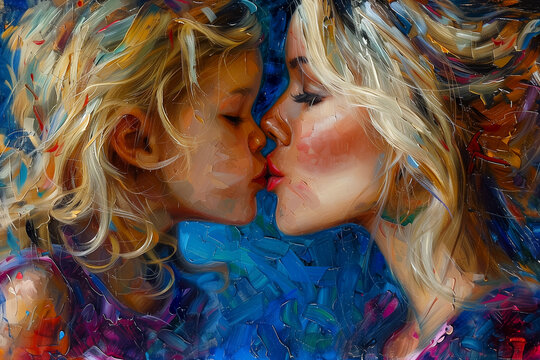 A fun painting of two happy women kissing in electric blue background