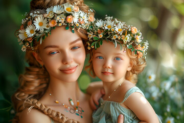 a woman and a little girl are wearing flower crowns on their heads