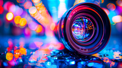 Camera Lens Close-up with Vivid Bokeh Lights.