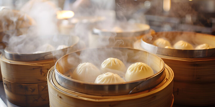 Close up image of traditional Chinese food or "Tim-SAM" or "dumpling" made by old bamboo steamer.
