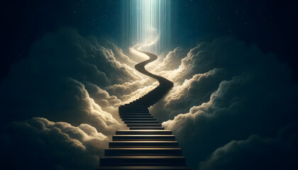 Endless staircase ascending into the clouds, symbolizing the relentless pursuit of goals and the challenges faced along the way. - obrazy, fototapety, plakaty