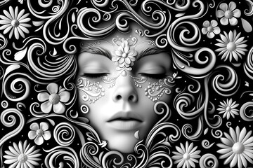 Monochrome beauty womans face in black and white surrounded by floral swirls
