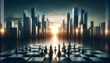 A chessboard with pieces strategically placed, representing planning, strategy, and the calculated moves required for success in business.  - obrazy, fototapety, plakaty