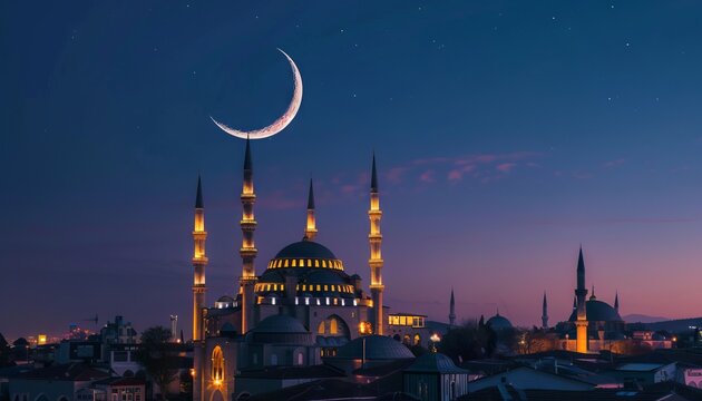 Crescent is seen over city, Ramadan.