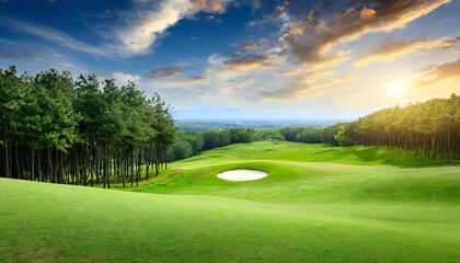Fototapeta premium Golf course. fairway. Green grass and forest background.