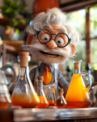 bright illustration depicting a chemist professor conducting scientific experiments