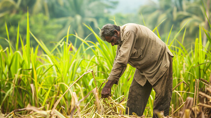 An indian farmer working in a sugarcane field.