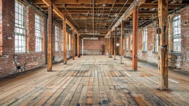 The wooden beams and exposed brickwork provide a rustic backdrop for this once bustling factory now filled with a haunting stillness. . .