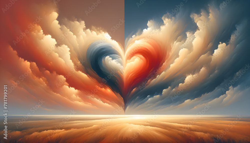 Poster two distinct but interconnected shapes or elements, symbolizing two hearts or souls coming together 