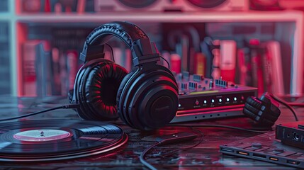 Rediscover the nostalgic charm of 90s wired headphones and vinyl records in a retro tech music session. - obrazy, fototapety, plakaty