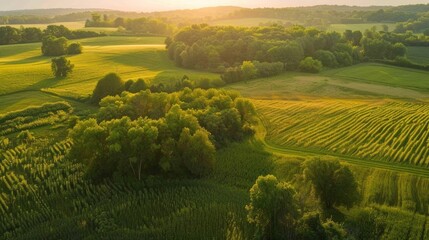 An aerial view of a lush green landscape with fields of sunflowers in full bloom surrounded by trees with golden leaves. A subtitle suggests using crop rotation to maintain soil nutrients .