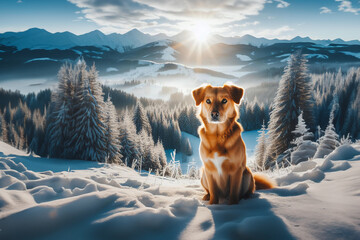 The dog stands prominently amidst a breathtaking snowy landscape