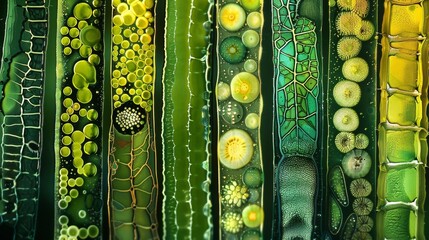 Lined up in a neat row a series of slides display the intricate structures of various plant cells each one carefully studied and documented by the dedicated botanist. . - obrazy, fototapety, plakaty