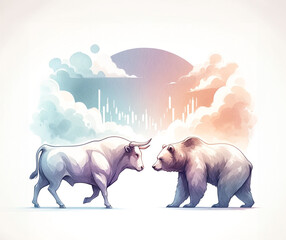 Artistic depiction of stock market symbols, a bull and a bear, poised against an abstract financial chart background.