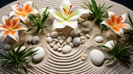  zen garden with sand, lilies, and spa stones . © Naqash